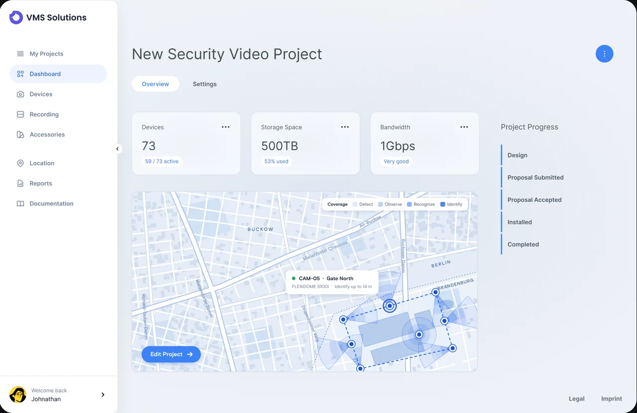 Project dashboard of the planning platform with a site map, camera coverage and a capacity traffic light