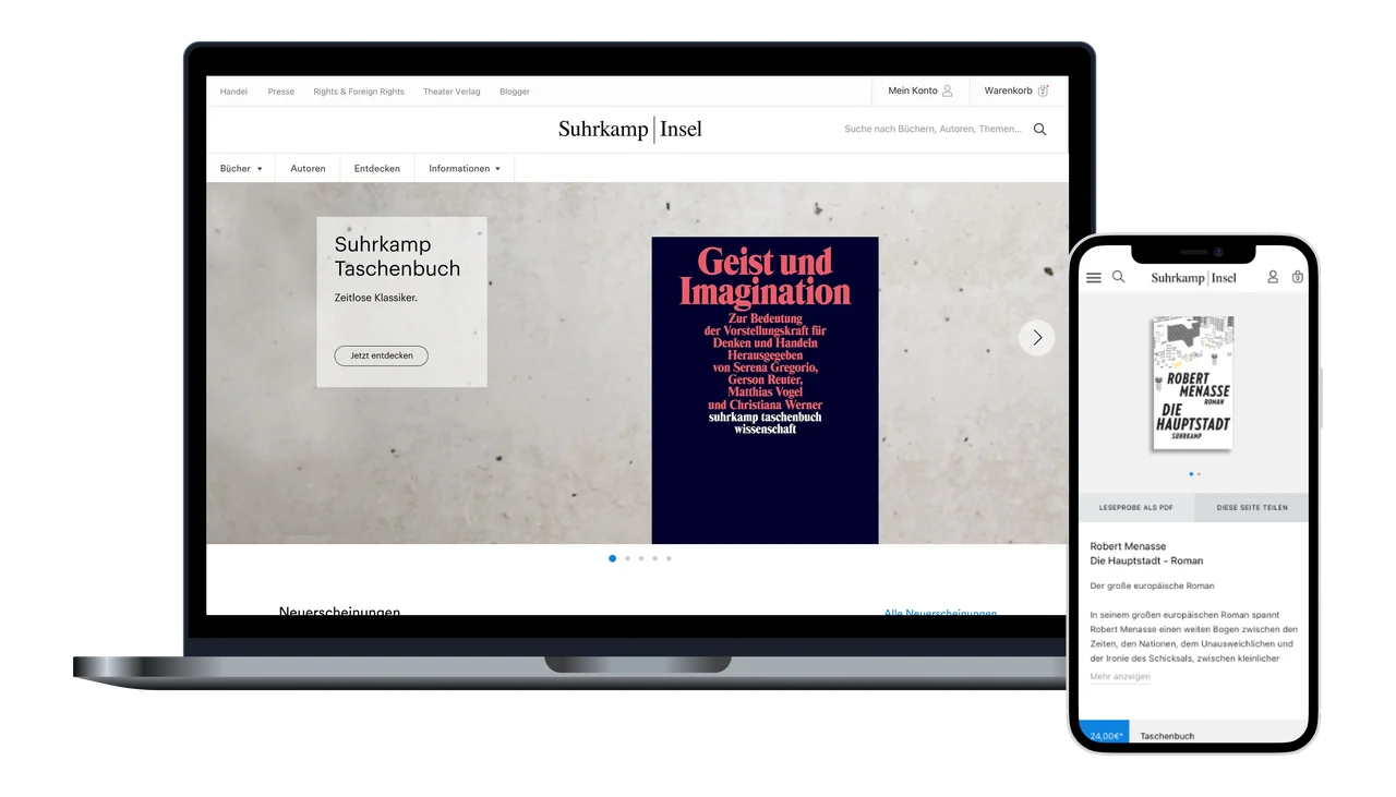 Suhrkamp Verlag website on a laptop and a phone