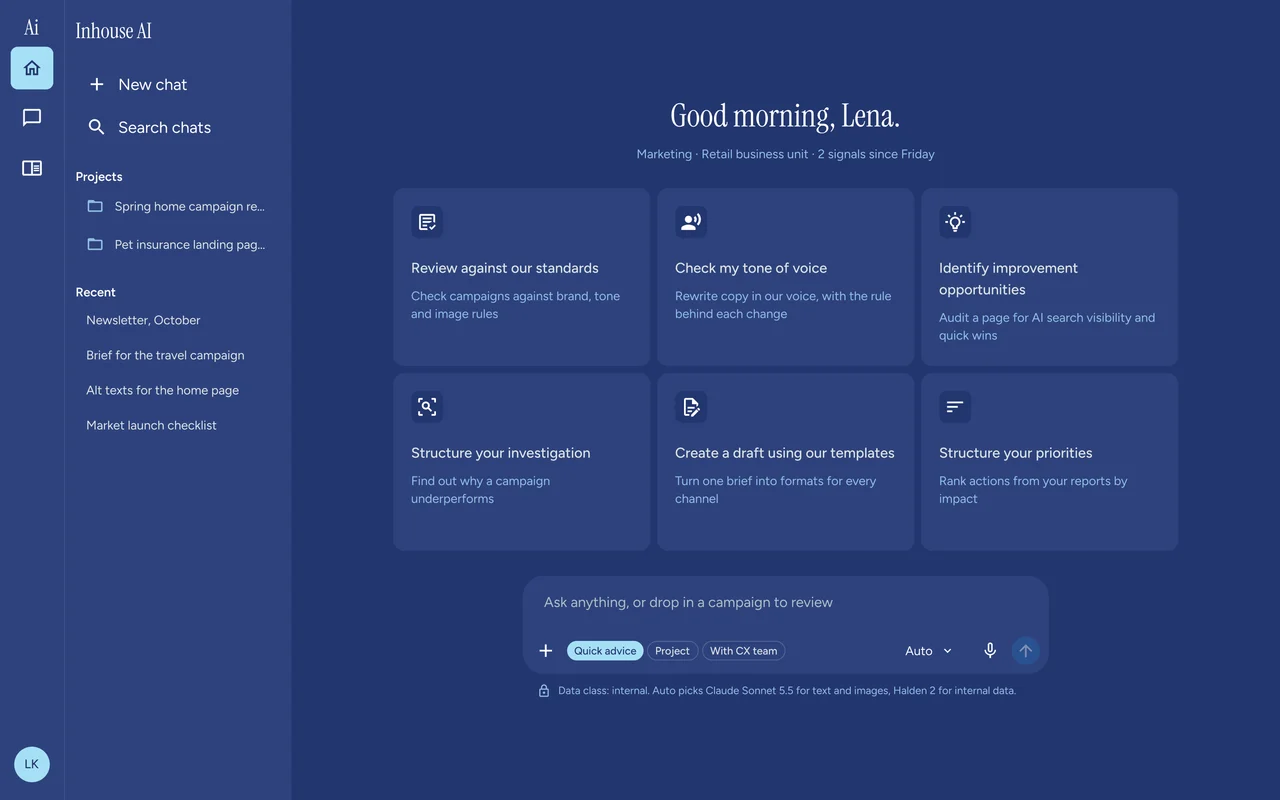 Home screen of the internal AI workspace with a greeting, six role-based start cards and a prompt box