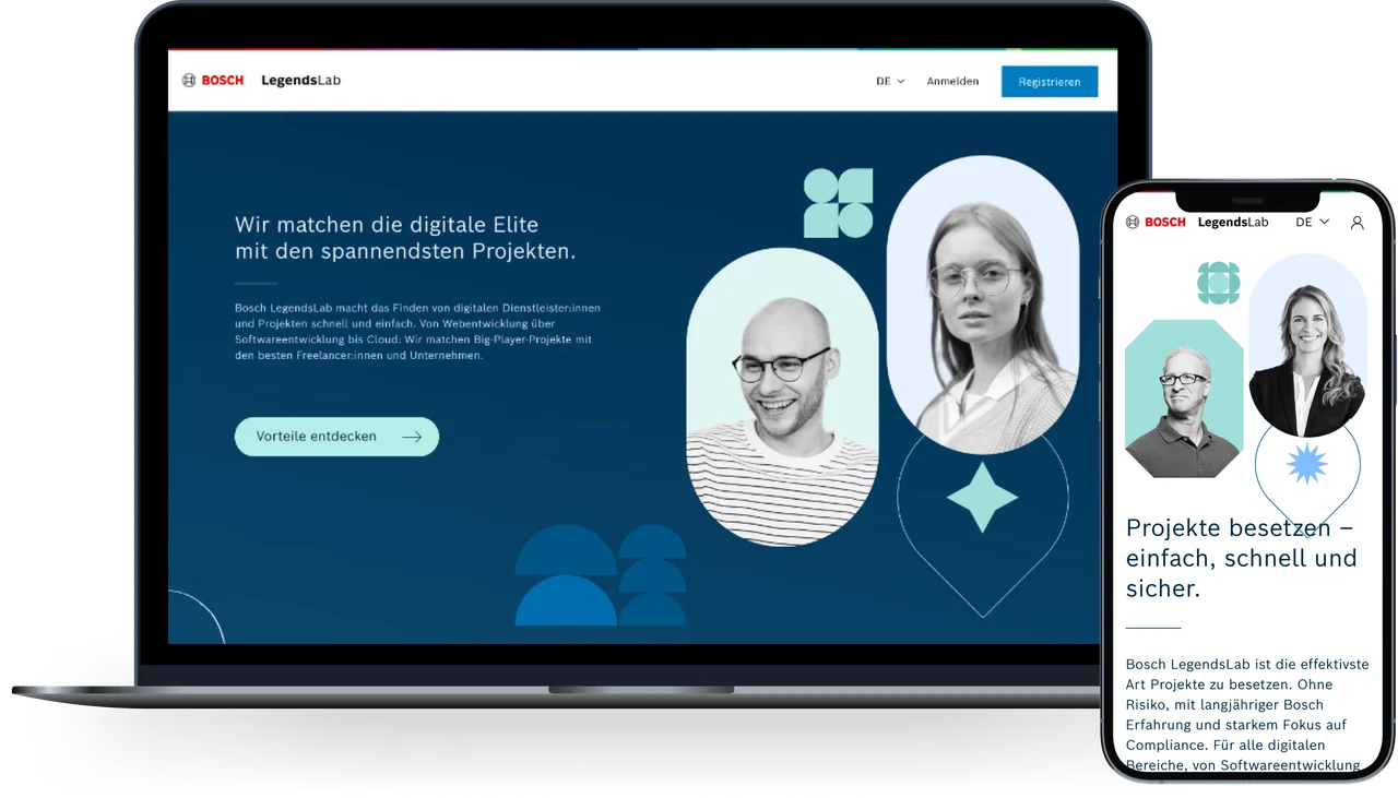 Bosch LegendsLab marketplace on a laptop and a phone