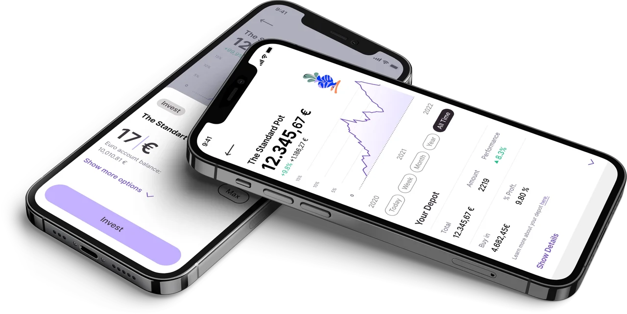 NURI banking app with the Standard Pot investment screen on two phones